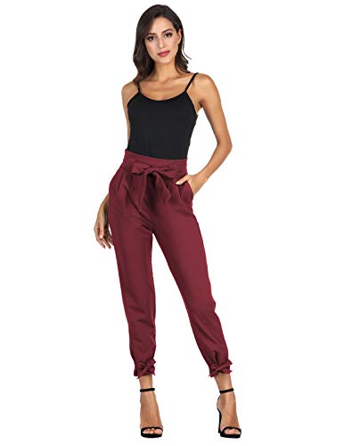 GRACE KARIN Soild Belted High Waist Trousers Ladies Party Casual Bow Tie Pants S Army Green
