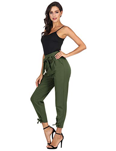 GRACE KARIN Soild Belted High Waist Trousers Ladies Party Casual Bow Tie Pants S Army Green