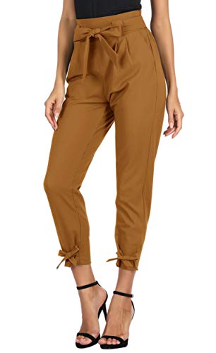 GRACE KARIN Soild Belted High Waist Trousers Ladies Party Casual Bow Tie Pants S Army Green