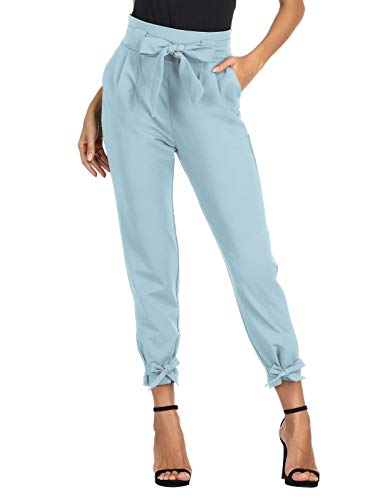 GRACE KARIN Soild Belted High Waist Trousers Ladies Party Casual Bow Tie Pants S Army Green