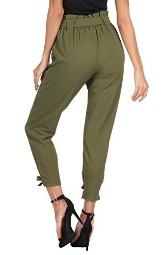 GRACE KARIN Soild Belted High Waist Trousers Ladies Party Casual Bow Tie Pants S Army Green