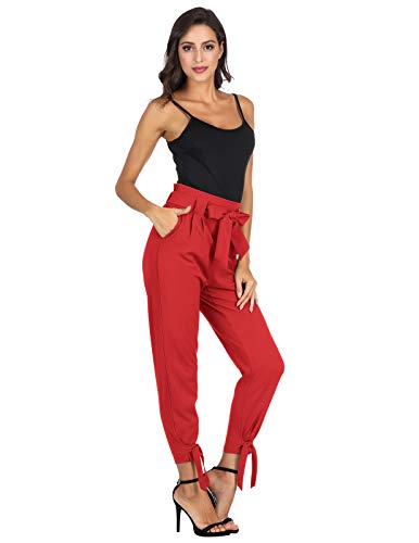 GRACE KARIN Soild Belted High Waist Trousers Ladies Party Casual Bow Tie Pants S Army Green