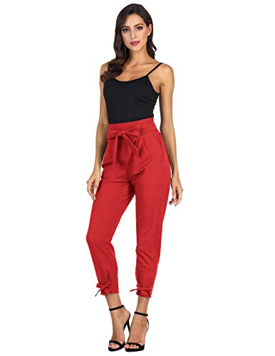 GRACE KARIN Soild Belted High Waist Trousers Ladies Party Casual Bow Tie Pants S Army Green