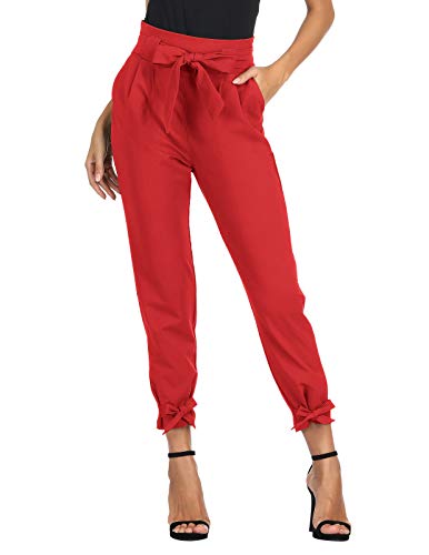 GRACE KARIN Soild Belted High Waist Trousers Ladies Party Casual Bow Tie Pants S Army Green