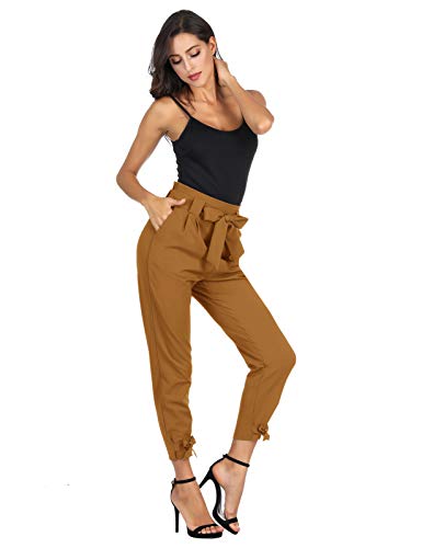 GRACE KARIN Soild Belted High Waist Trousers Ladies Party Casual Bow Tie Pants S Army Green
