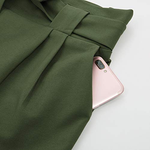 GRACE KARIN Soild Belted High Waist Trousers Ladies Party Casual Bow Tie Pants S Army Green