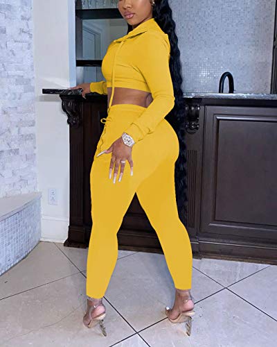 Mrskoala Women's Two Piece Sexy Cute Casual Outfits Cozy 2 Piece Sets Sweatsuit Yellow XL