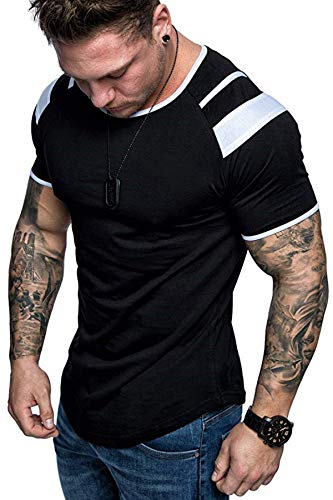 Men's Muscle Tee Colorblock Raglan Long Sleeve Fashion Patchwork Tshirts Tops Black1 L