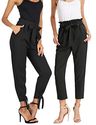 GRACE KARIN Soild Belted High Waist Trousers Ladies Party Casual Bow Tie Pants S Army Green