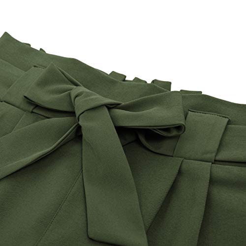 GRACE KARIN Soild Belted High Waist Trousers Ladies Party Casual Bow Tie Pants S Army Green