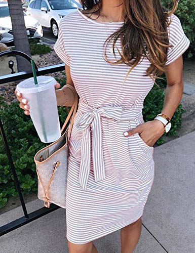 MEROKEET Striped Short Sleeve T Shirt Dress Casual Tie Waist with Pockets
