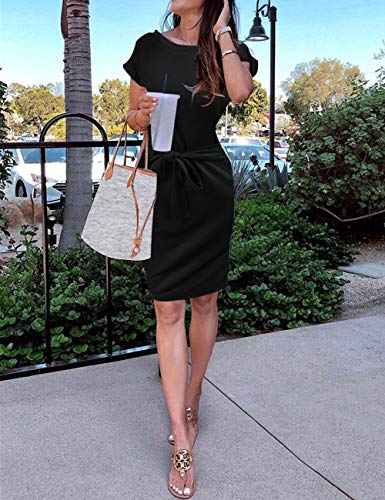 MEROKEET Striped Short Sleeve T Shirt Dress Casual Tie Waist with Pockets