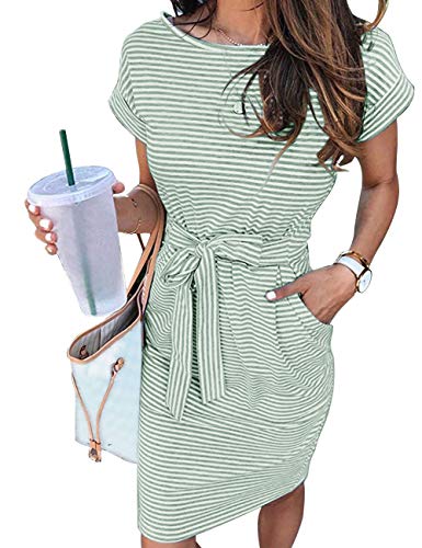 MEROKEET Striped Short Sleeve T Shirt Dress Casual Tie Waist with Pockets
