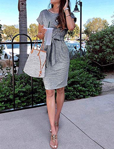 MEROKEET Striped Short Sleeve T Shirt Dress Casual Tie Waist with Pockets