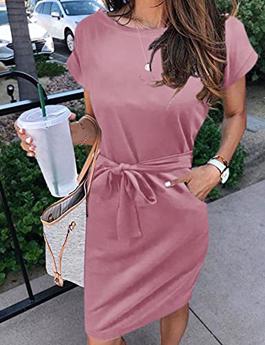 MEROKEET Striped Short Sleeve T Shirt Dress Casual Tie Waist with Pockets