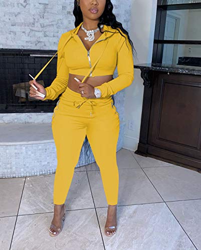 Mrskoala Women's Two Piece Sexy Cute Casual Outfits Cozy 2 Piece Sets Sweatsuit Yellow XL