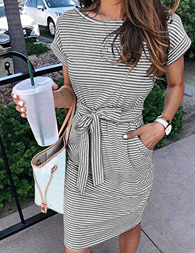 MEROKEET Striped Short Sleeve T Shirt Dress Casual Tie Waist with Pockets