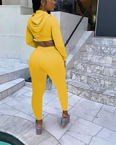 Mrskoala Women's Two Piece Sexy Cute Casual Outfits Cozy 2 Piece Sets Sweatsuit Yellow XL