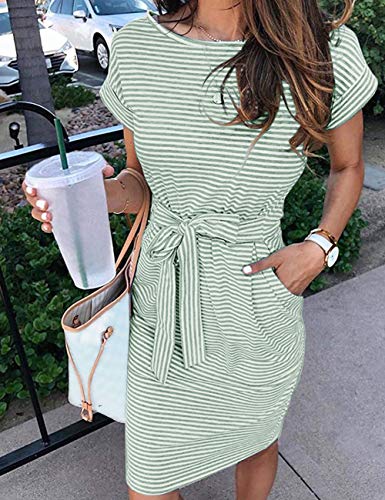 MEROKEET Striped Short Sleeve T Shirt Dress Casual Tie Waist with Pockets