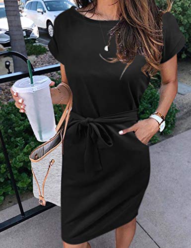MEROKEET Striped Short Sleeve T Shirt Dress Casual Tie Waist with Pockets