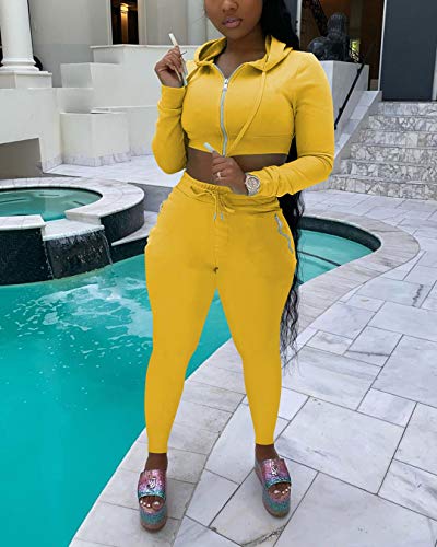 Mrskoala Women's Two Piece Sexy Cute Casual Outfits Cozy 2 Piece Sets Sweatsuit Yellow XL