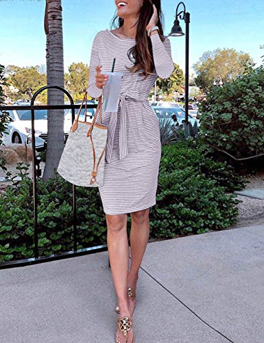 MEROKEET Striped Short Sleeve T Shirt Dress Casual Tie Waist with Pockets