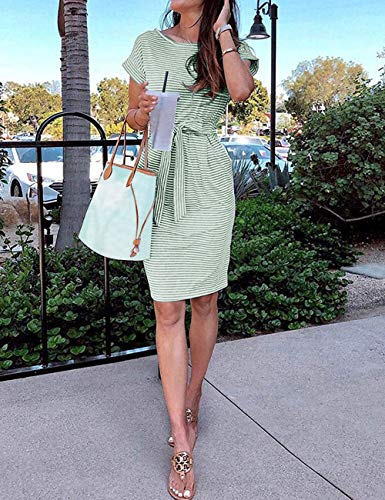 MEROKEET Striped Short Sleeve T Shirt Dress Casual Tie Waist with Pockets