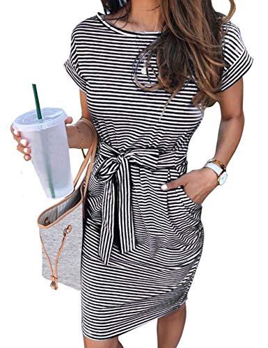 MEROKEET Striped Short Sleeve T Shirt Dress Casual Tie Waist with Pockets