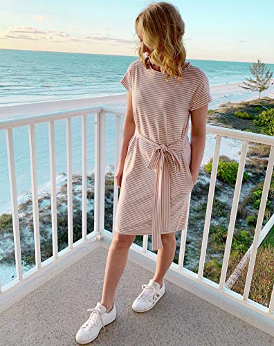 MEROKEET Striped Short Sleeve T Shirt Dress Casual Tie Waist with Pockets