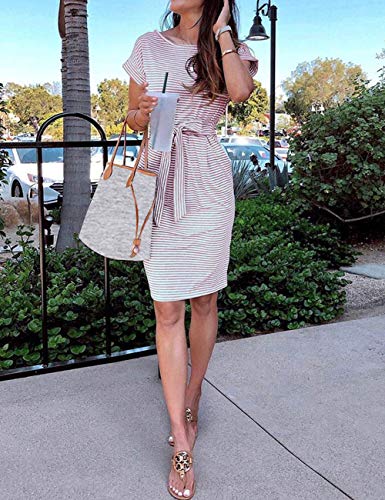 MEROKEET Striped Short Sleeve T Shirt Dress Casual Tie Waist with Pockets