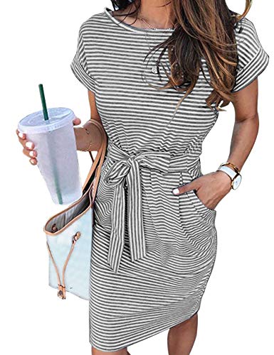 MEROKEET Striped Short Sleeve T Shirt Dress Casual Tie Waist with Pockets