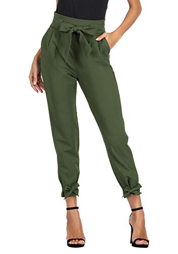 GRACE KARIN Soild Belted High Waist Trousers Ladies Party Casual Bow Tie Pants S Army Green