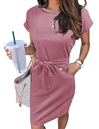 MEROKEET Striped Short Sleeve T Shirt Dress Casual Tie Waist with Pockets